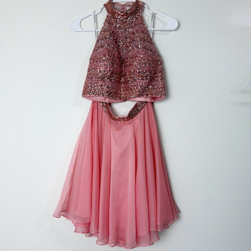 Sherri Hill Coral Pink Skirt Set Beaded Halter Top Chiffon Skirt Size 4